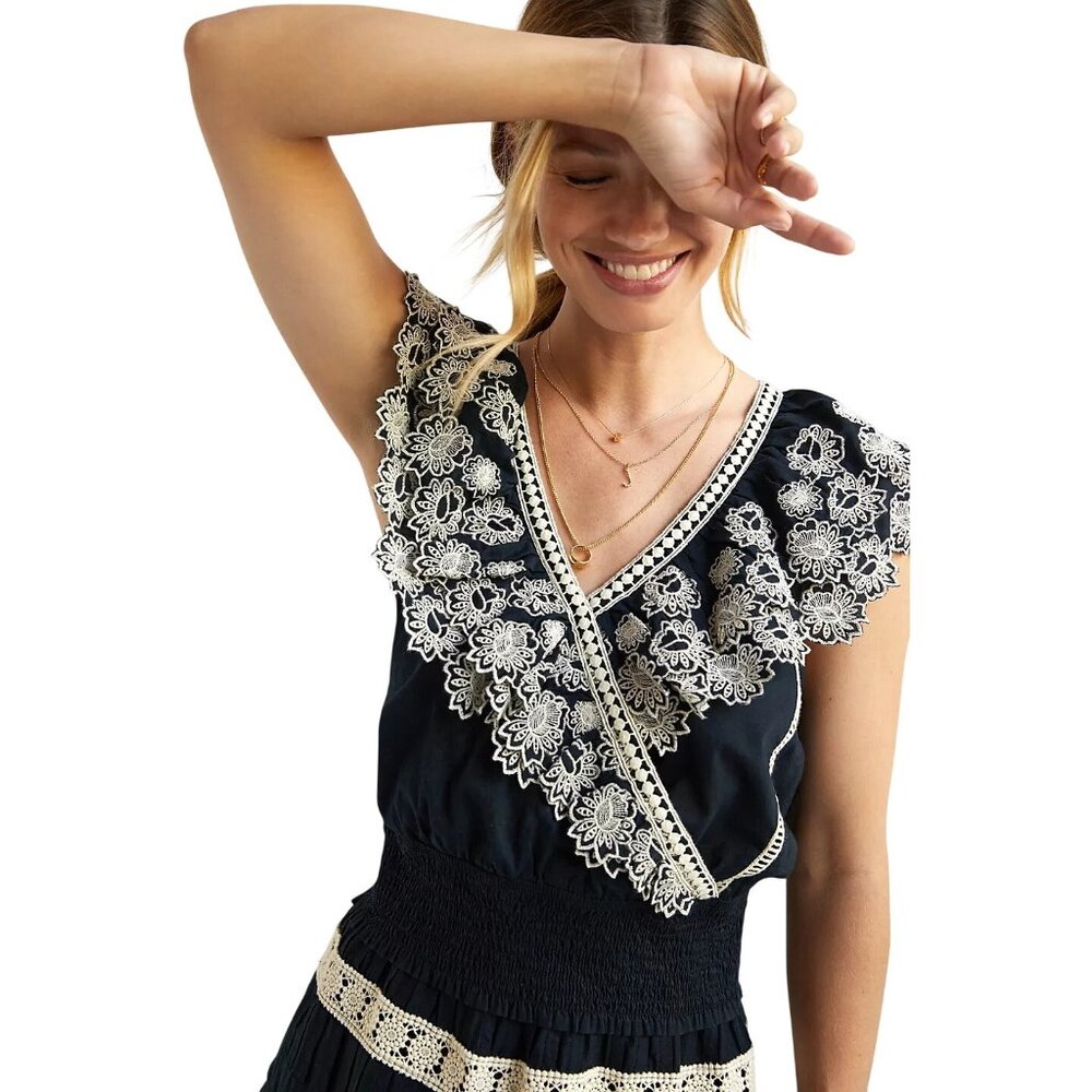 Monograph Blouse Size XL Floral Embroidered Lace Tie Back Black White Boho NEW